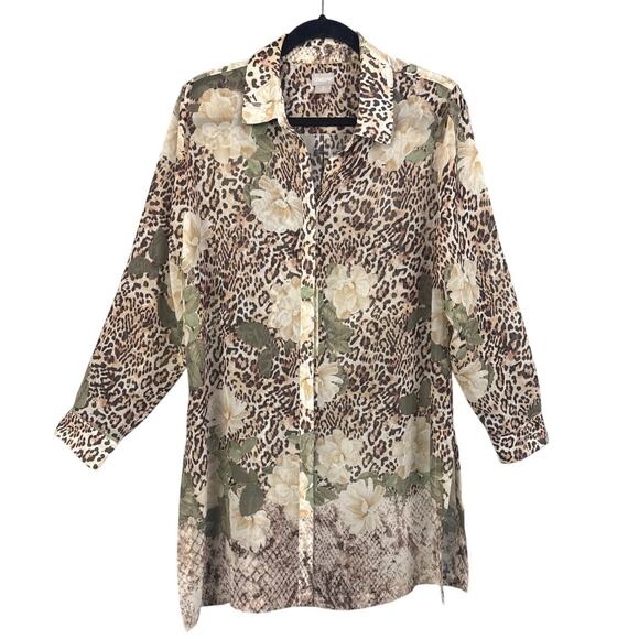 Chico's Sheer Tunic Poised Blooms Button Up Animal Print Floral Size 2 (12/14) - Picture 1 of 7
